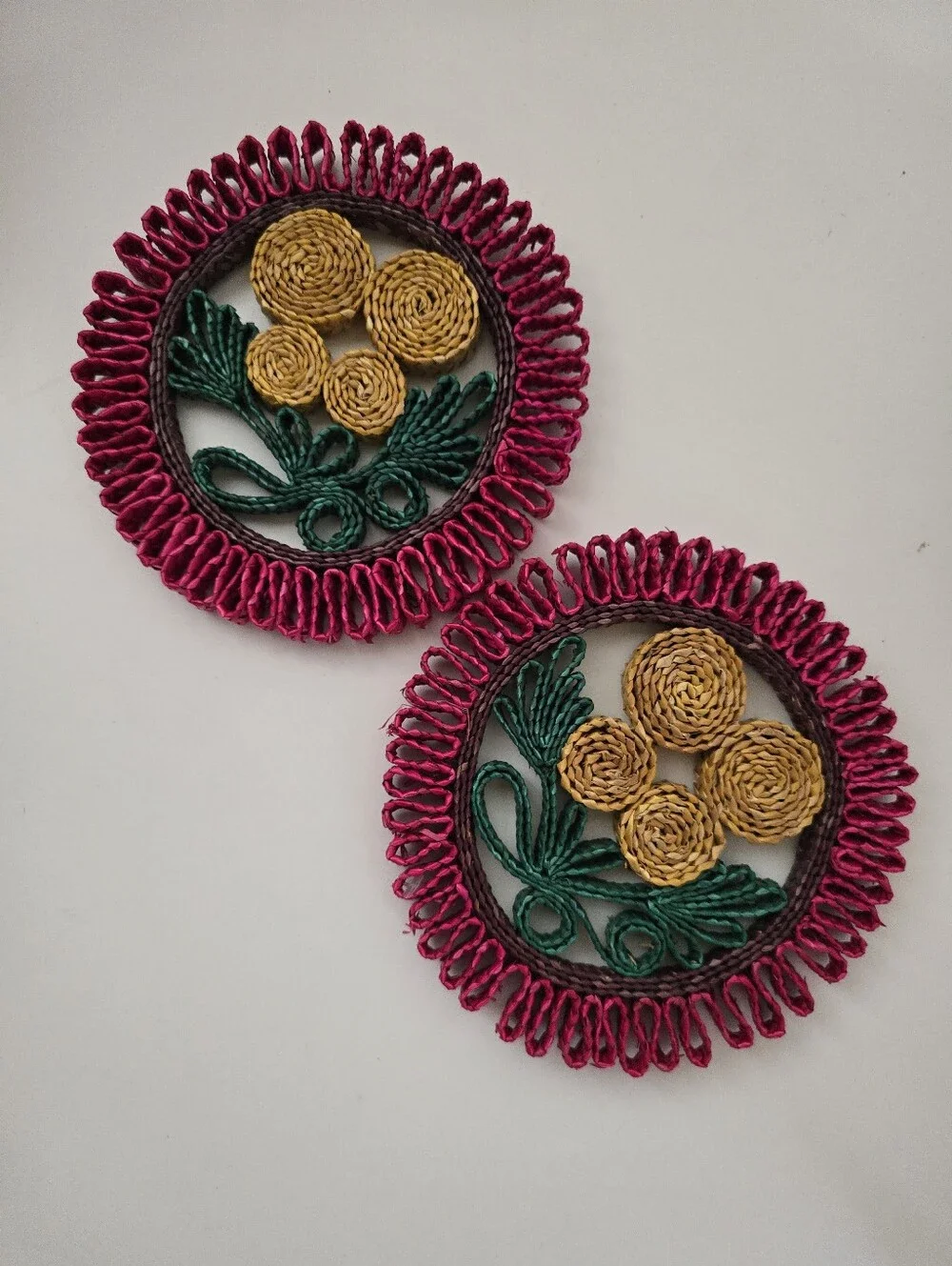Boho Floral Woven Trivets Set of 2 Handmade Hot Pads Bohemian Kitchen Decor